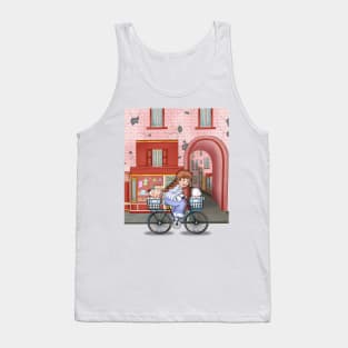 Cute Girl Cycling Around The Town With Dog And Cat Tank Top